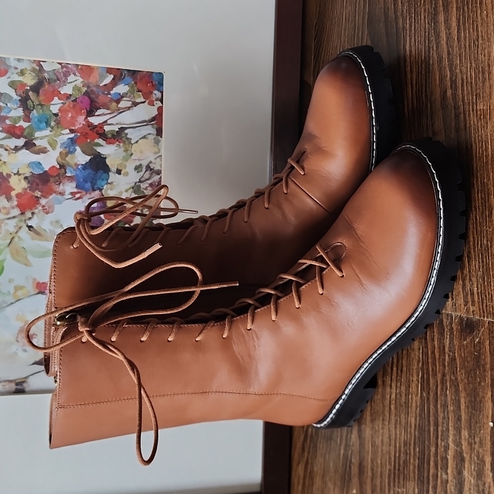 J. Crew $298 Gwen lug-sole leather lace-up tall shaft WOMEN’s boots Rich Oak